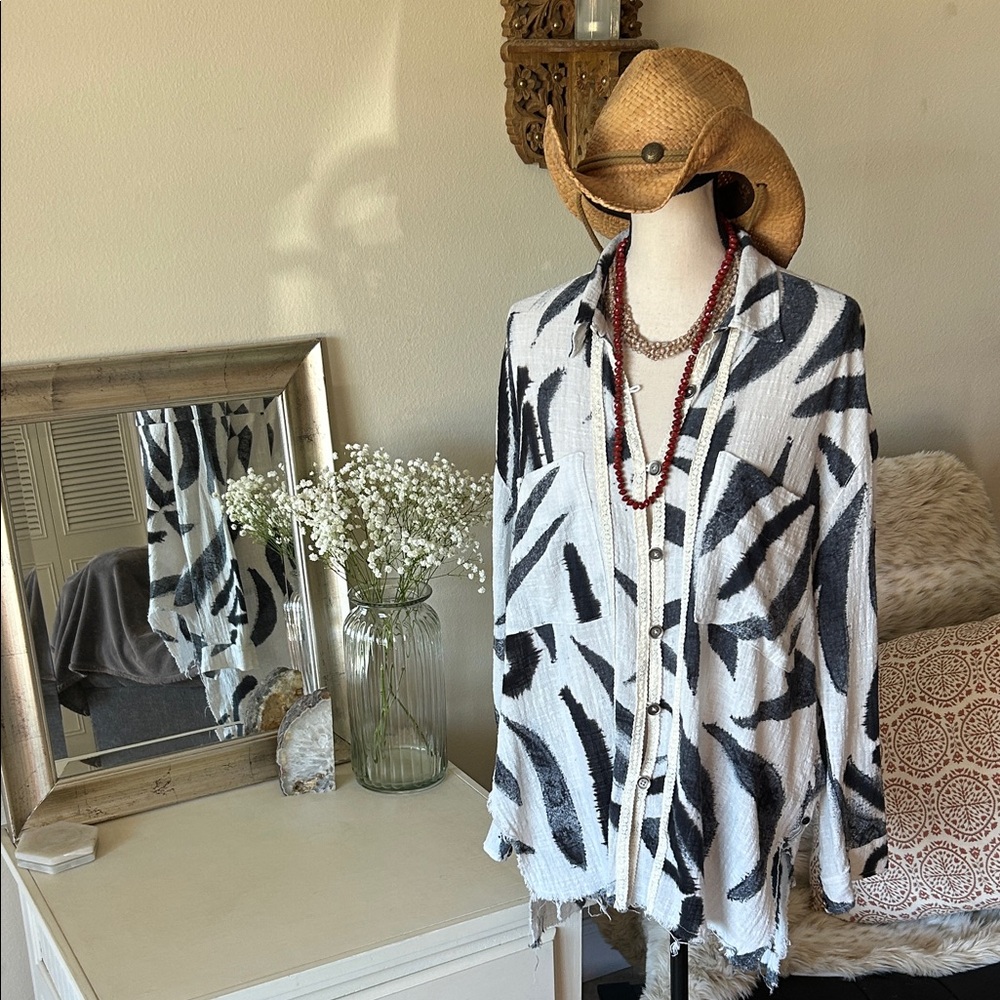 One teaspoon oversized boho cotton artsy button down tunic cover up shirt XS